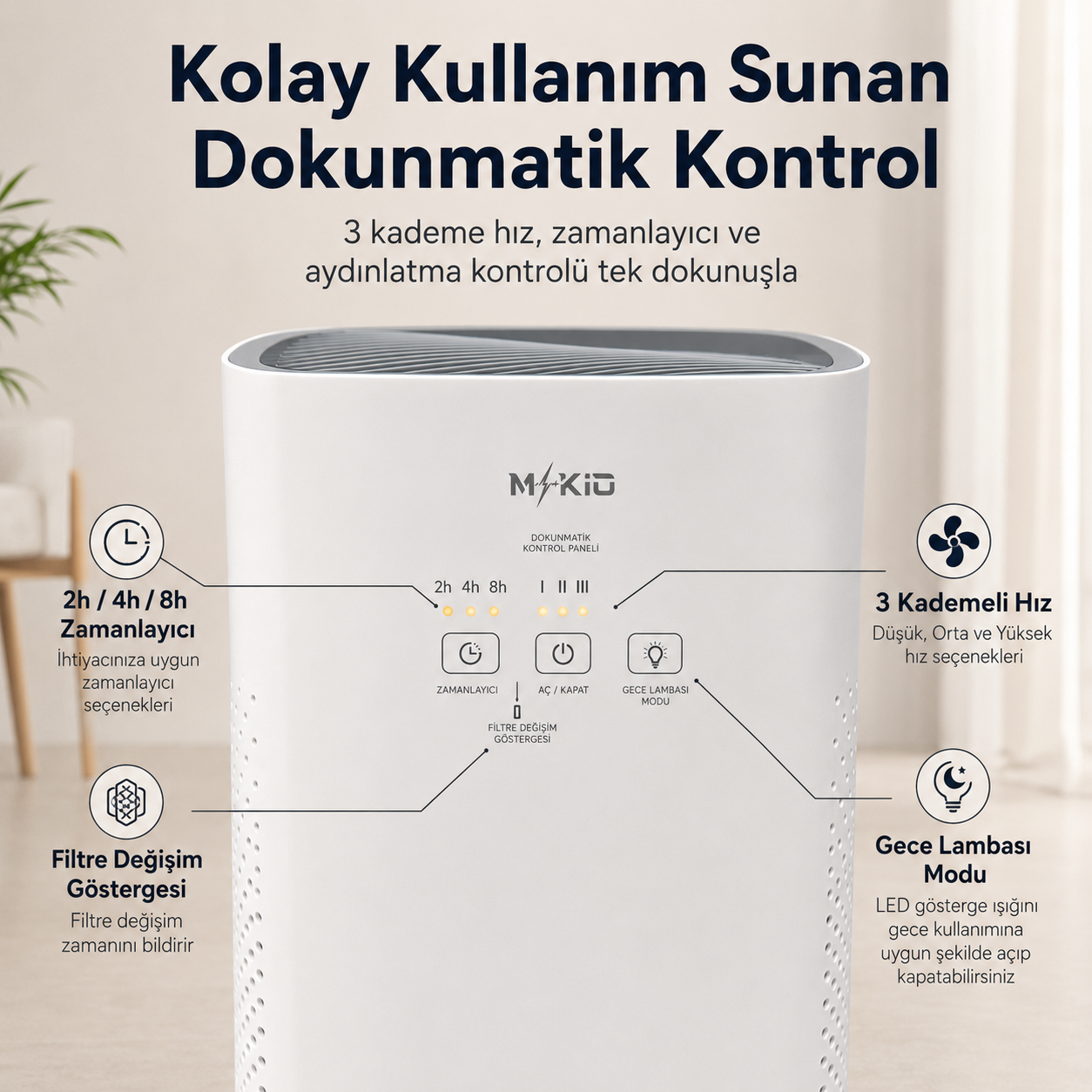 MKİO hava temizleme cihazı dokunmatik kontrol paneli, 3 hız, zamanlayıcı, gece lambası ve filtre değişim göstergesi