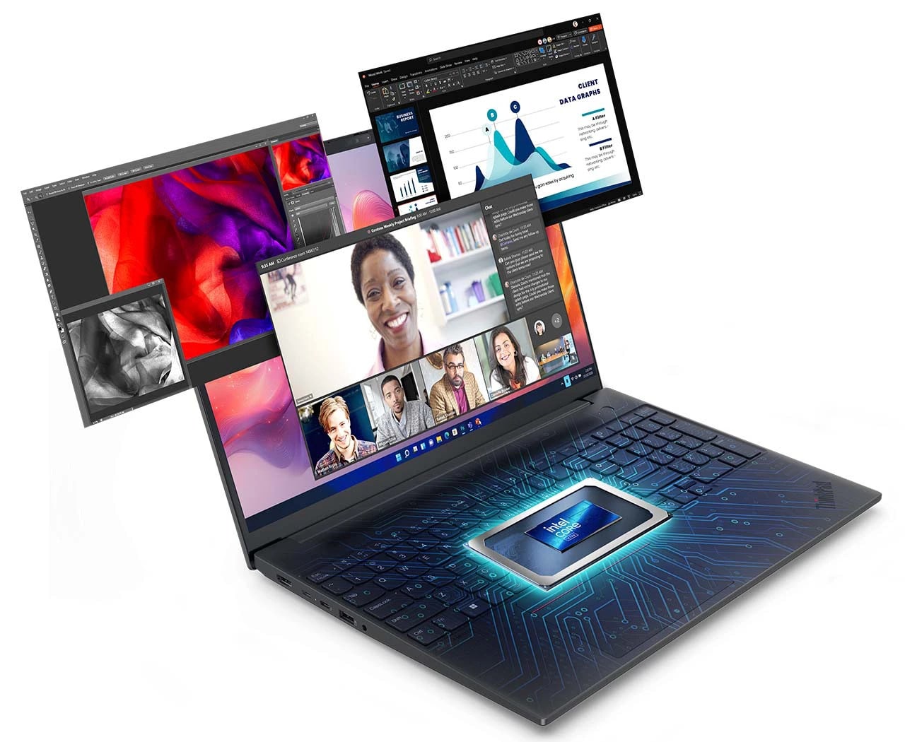 Lenovo ThinkPad E16 Gen 3 (16” Intel) dizüstü bilgisayar, kusursuz çoklu görev ve görev yönetimi için yapay zeka verimliliği ve Intel® Core™ Ultra işlemcilerle donatılmıştır.