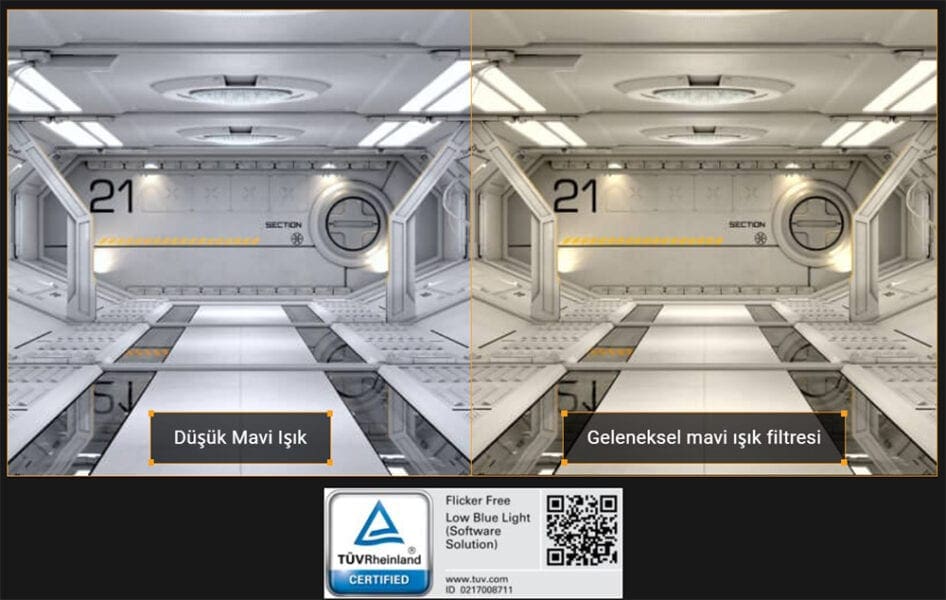 Farklı Mavi Işık Filtreleri ile Uzay İçi Atmosfer, düşük mavi ışık filtreli ve geleneksel mavi ışık filtresi kullanılarak hazırlanmış ofis veya laboratuvar ortamı.