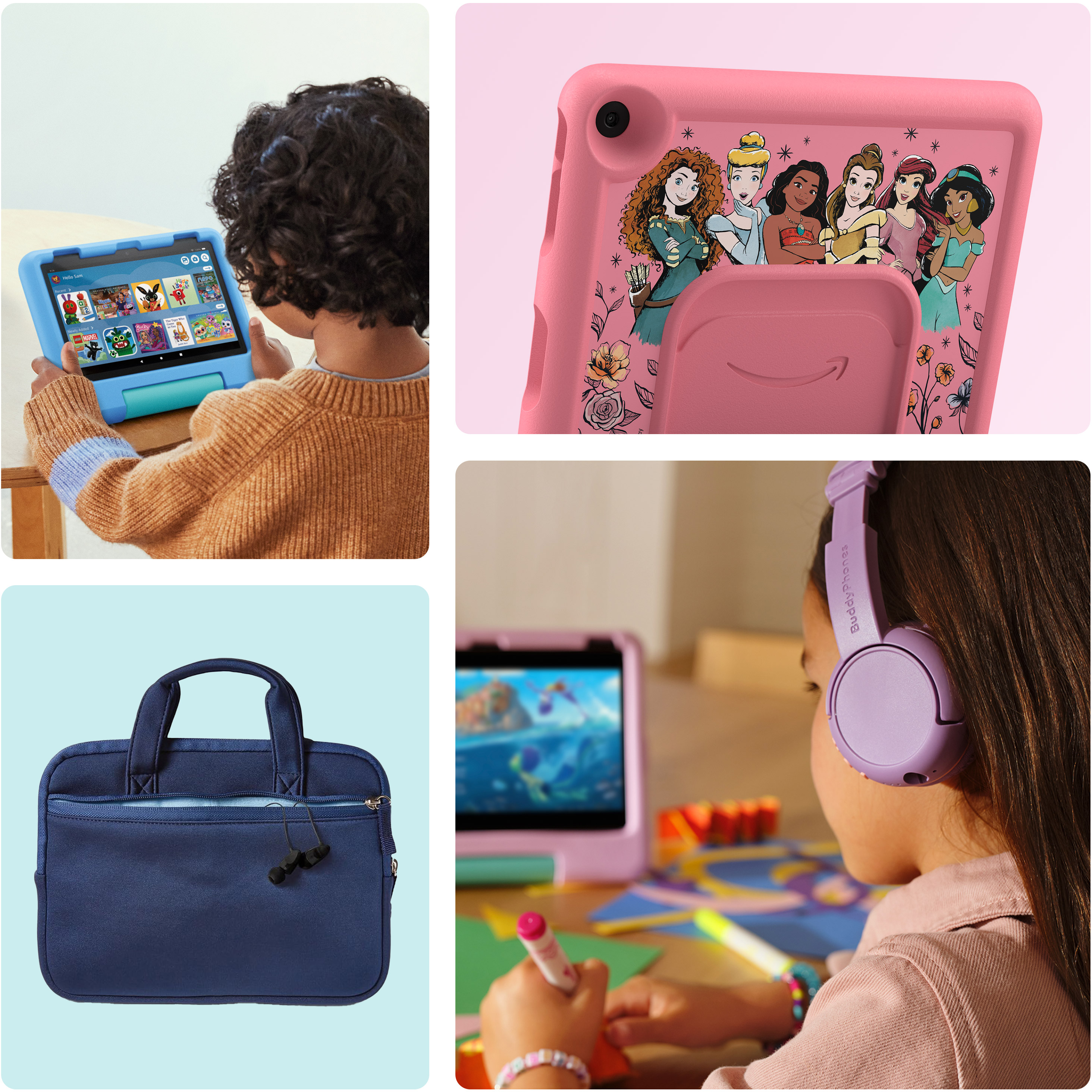 Dört görselden oluşan kolajda şunlar yer alıyor: mavi, sağlam bir kılıf içinde Fire HD 8 Kids tablet kullanan çocuk, Disney prenses temalı tablet kılıfının arkası, mavi tablet taşıma çantası ve tablet ekranını izlerken mor kulaklık takan bir çocuk.