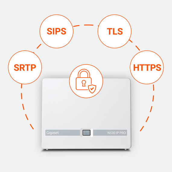 Gigaset N530 IP PRO, SIPS, TLS, HTTPS ve SRTP şifreleme simgeleriyle