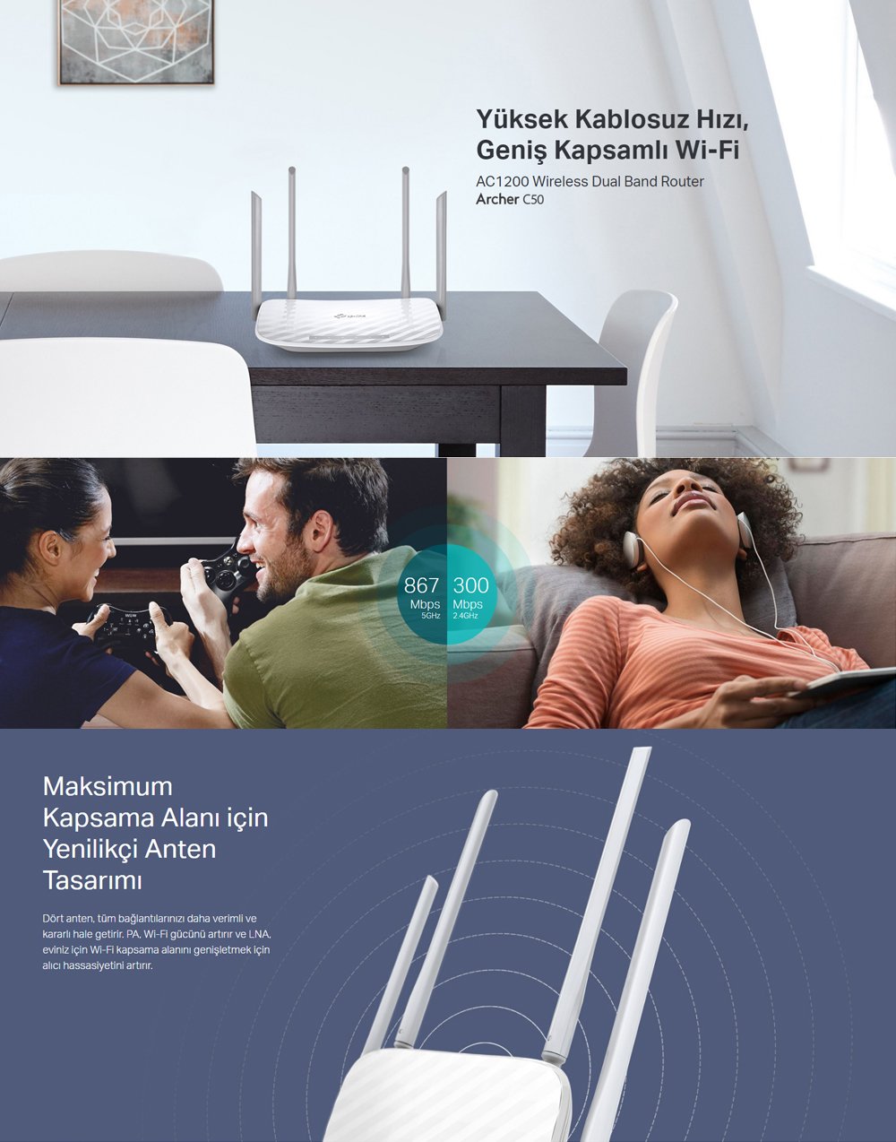 Tp Link Archer C50 4 Port Dual Band 867 Mbps Gigabit Router