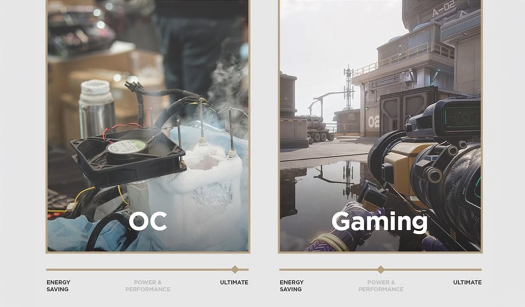 Yapay buz odası içeren donanım ve soğutma sistemleri, yüksek performanslı oyun ve donanım ihtiyaçları için tasarlanmış. İki farklı ortamda gösterilen bu grafik, OC ve Gaming kullanımlarını vurguluyor.