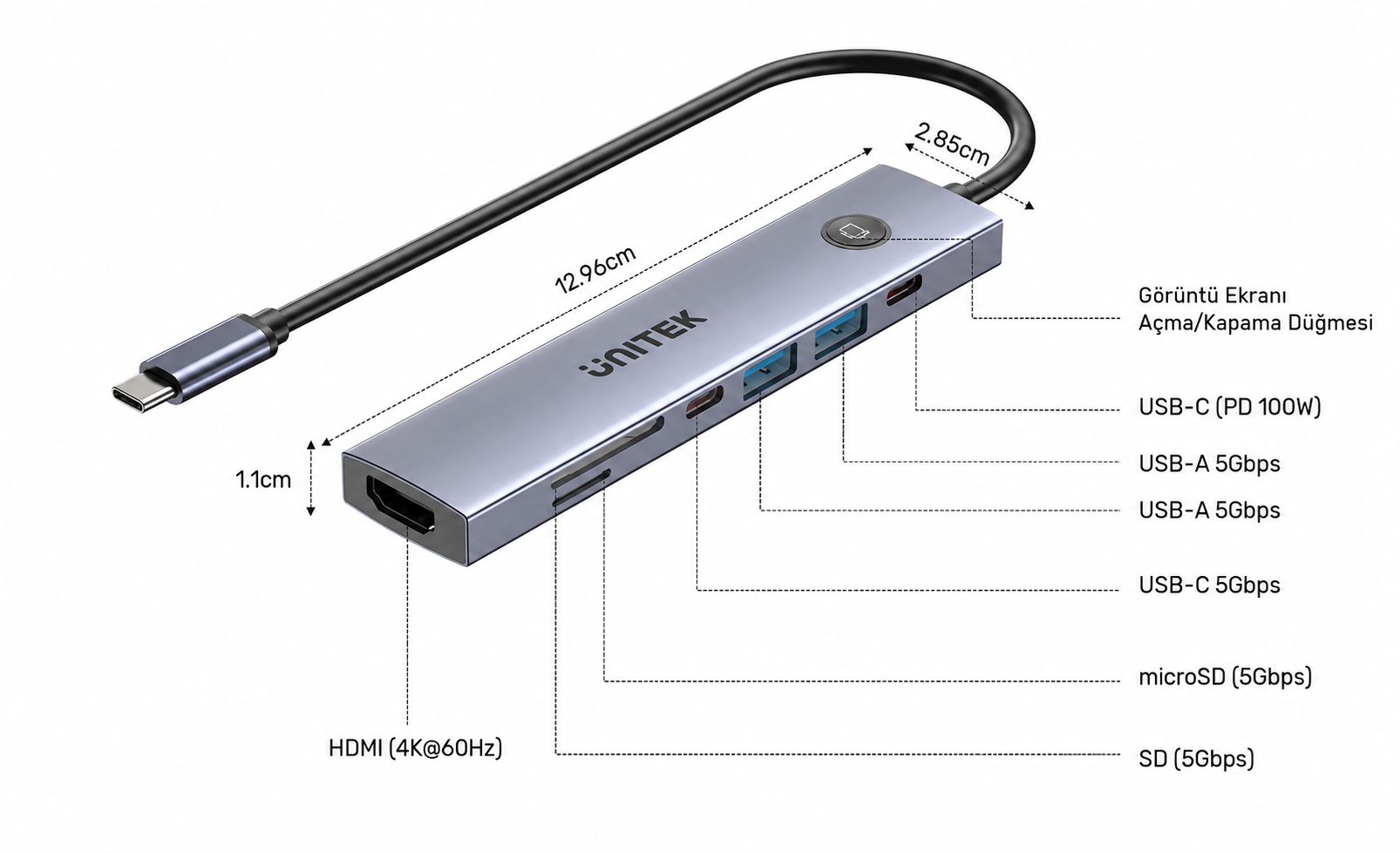 Unitek uHUB S7 Pro 7`si 1 arada 5 Gbps USB-C Hub