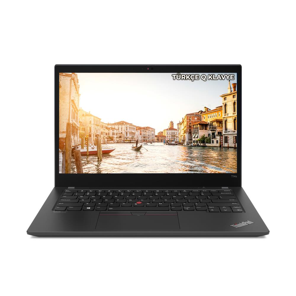 Front facing Lenovo ThinkPad T14s Gen 2 laptop in Storm Grey open 90 degrees, showing keyboard and display.