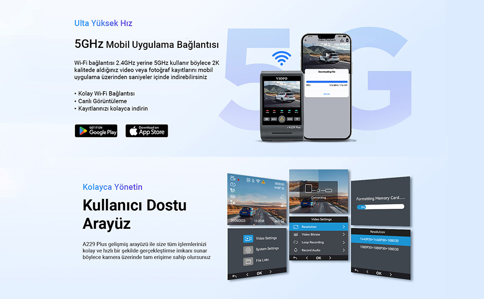 Viofo,araç kamerası, Wifi,uygulama,a229 plus