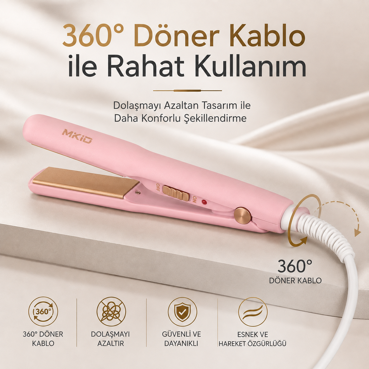 MKIO saç düzleştirici 360 derece döner iki metre güç kablosu