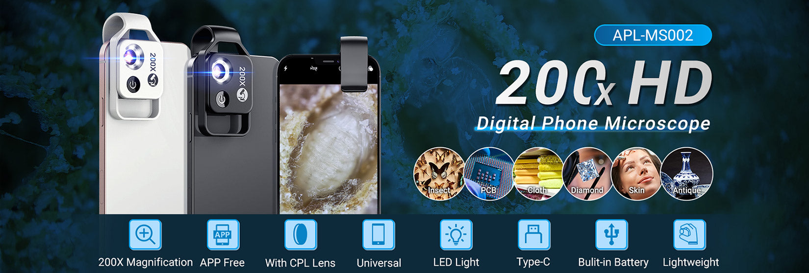 MS002 Cep Telefonu 200X LED Mikroskop Lensi - APEXEL