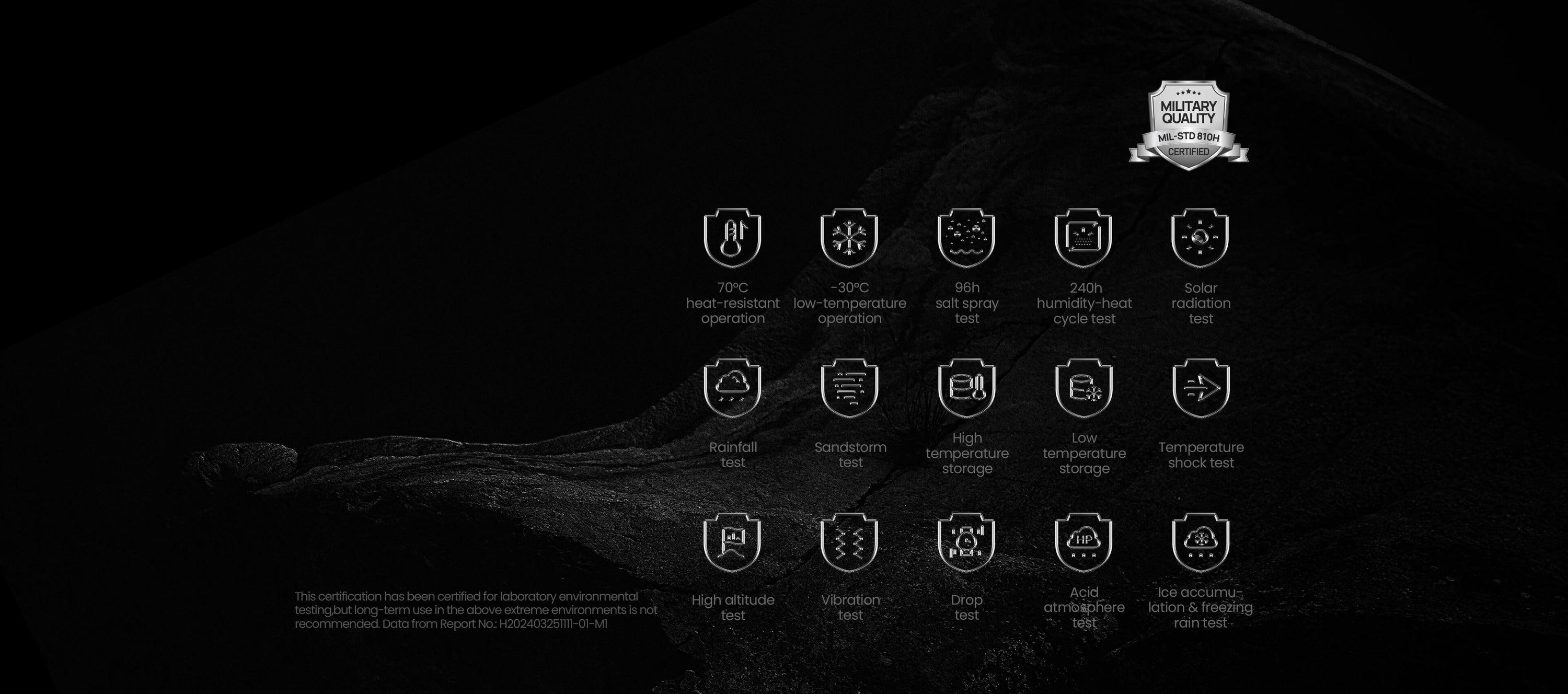 Military Quality Conform to the 15 military-grade tests of MIL-STD-810H-2019, whether in the desert, rainforest, or mountains and snowy peaks, it can be tough and free. 50°C heat-resistant operation, -30°C low-temperature operation, 96h salt spray test, 240h humidity-heat cycle test, Solar radiation test, Rainfall test, Sandstorm test, High-temperature storage, Low-temperature storage, Temperature shock test, High altitude test, Vibration test, Drop test, Acid atmosphere test, Icing/freezing rain test.