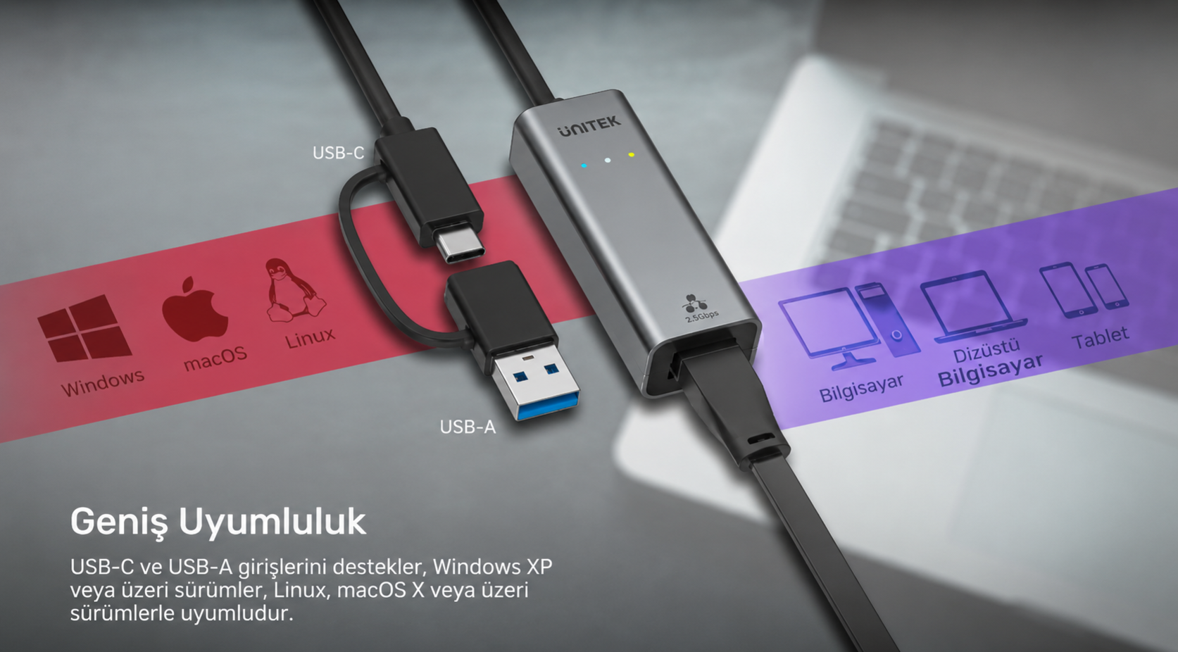 Unitek Hibrit USB-C/USB-A - 2.5G Gigabit Ethernet Adaptörü