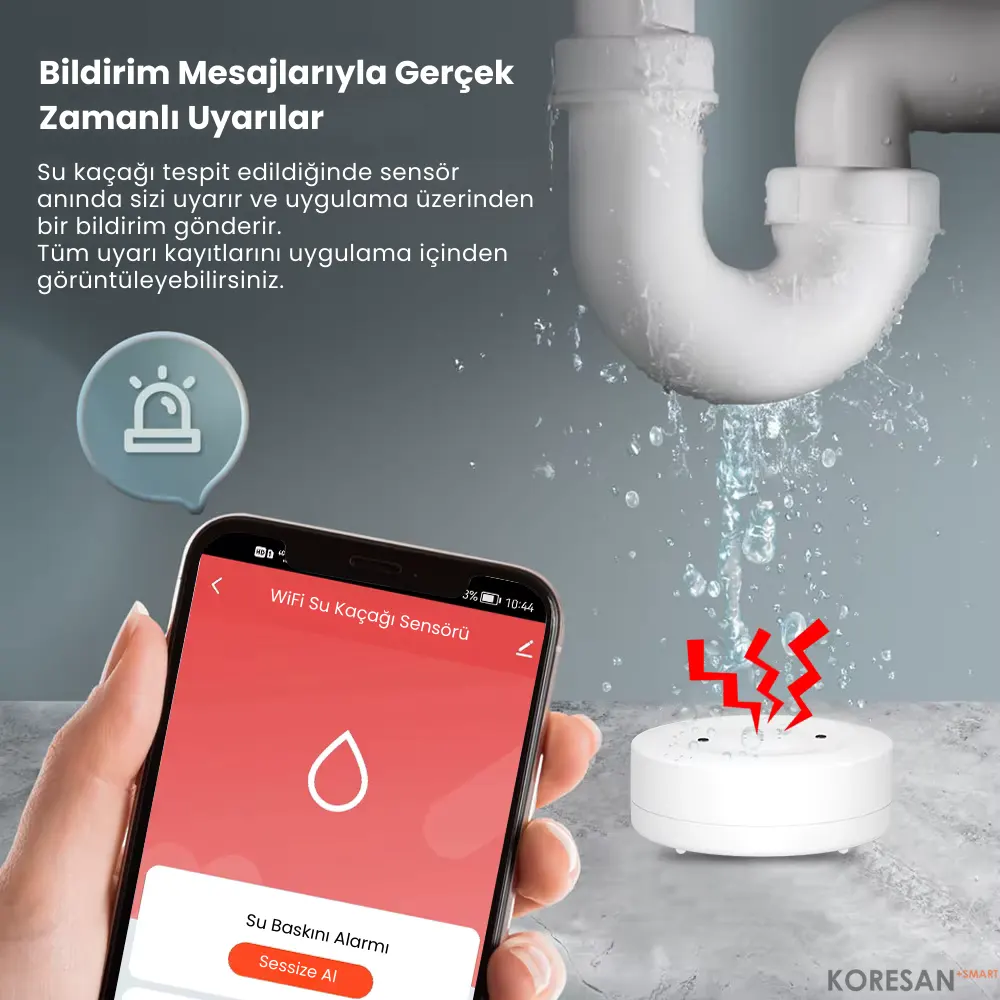 Tuya Sirenli Su Baskını Sensörü – WiFi gerçek zamanlı bildirim desteği