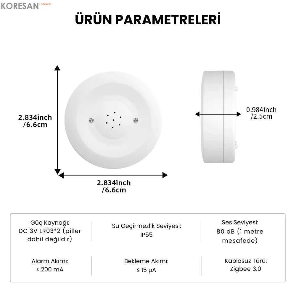 Tuya Sirenli Su Baskını Sensörü – Zigbee teknik özellikler ve boyutlar