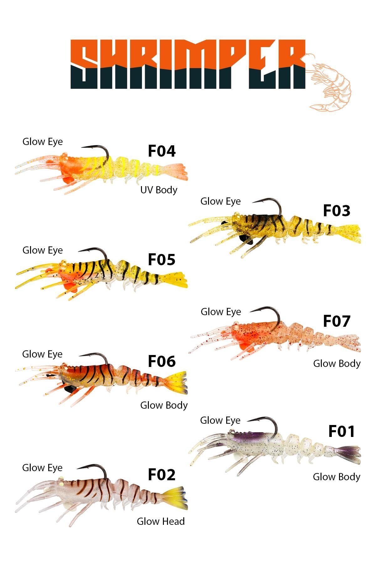 Fujin Shrimper 75 mm – gerçekçi silikon karides yem renk örnekleri