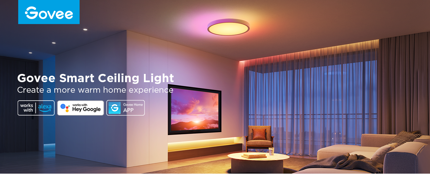 govee smart ceiling light in a modern living room. circular fixture emits warm light, compatible with alexa and google assistant. tv and furniture visible.