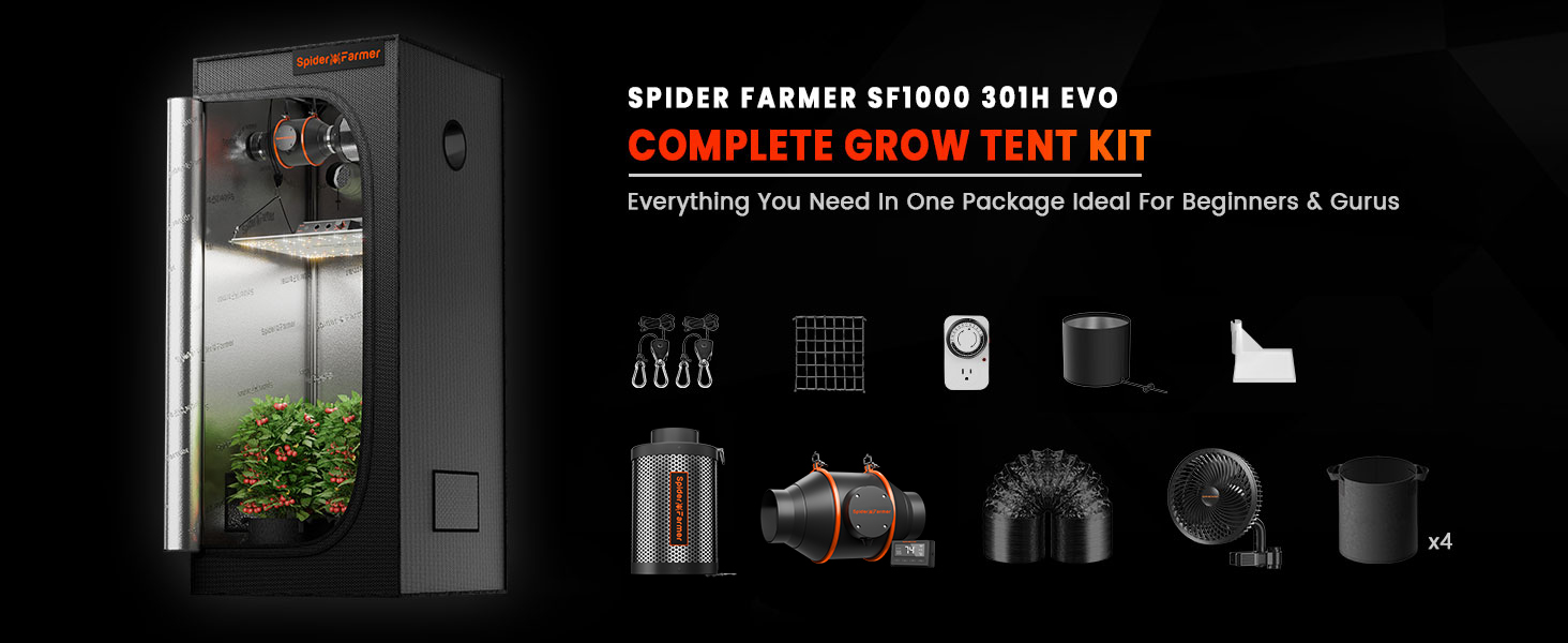 Ürün özelliklerinin yer aldığı siyah zemin üzerinde fan, aydınlatma sistemi ve havalandırma bileşenleri gibi aksesuarlarla birlikte komple yetiştirme çadırı seti.