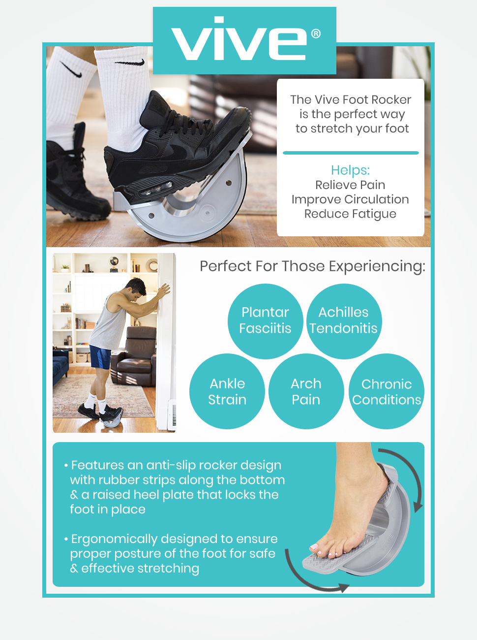 Vive Foot Rocker - Calf Stretcher for Achilles Tendinitis, Heel, Feet, Shin Splint, Plantar