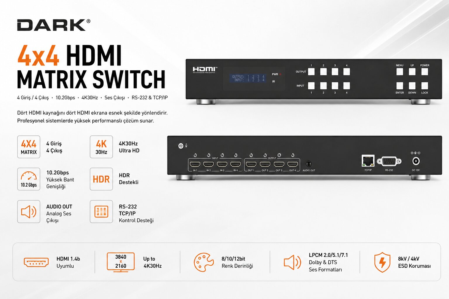 Dark 4x4 HDMI Kesintisiz Matrix Switch - 10.2gbps, 4 Giriş/4 Fiyatı