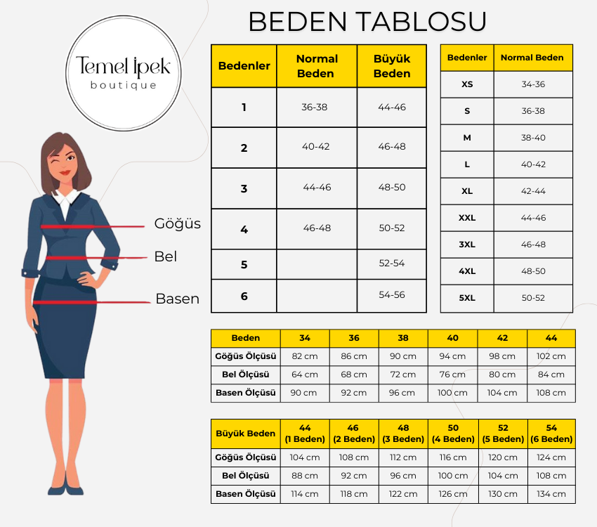 Temel İpek Boutique Beden Tablosu