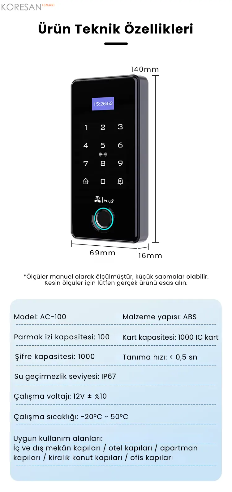 AC-100 Tuya Parmak İzli Akıllı Geçiş Sistemi IP67