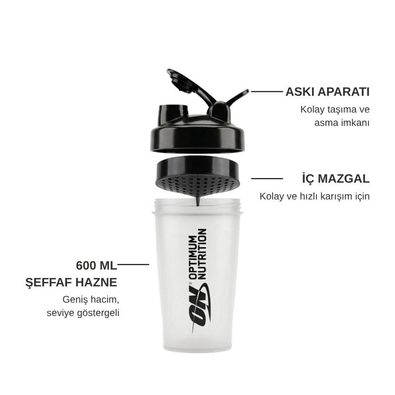 Optimum Nutrition Shaker 600 ml parçaları: askı aparatlı kapak, iç mazgal ve 600 ml şeffaf hazne
