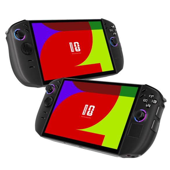 Two Lenovo Legion Go Gen 2 devices with vibrant screens, showcasing the Lenovo logo and colorful design.