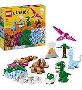 Metin "LEGO classic" yazıyor. Renkli LEGO blokları ve dinozorlar, kuşlar ve diğer yaratıklar da dahil olmak üzere monte edilmiş hayvan figürlerini gösteren bir dizi ürün fotoğrafı.