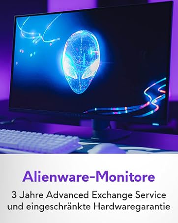 Metin "Alienware Monitor" şeklindedir. Mavi ışık efektlerini ve oyun estetiğini koyu arka planda gösteren bilgisayar monitörleri serisi.