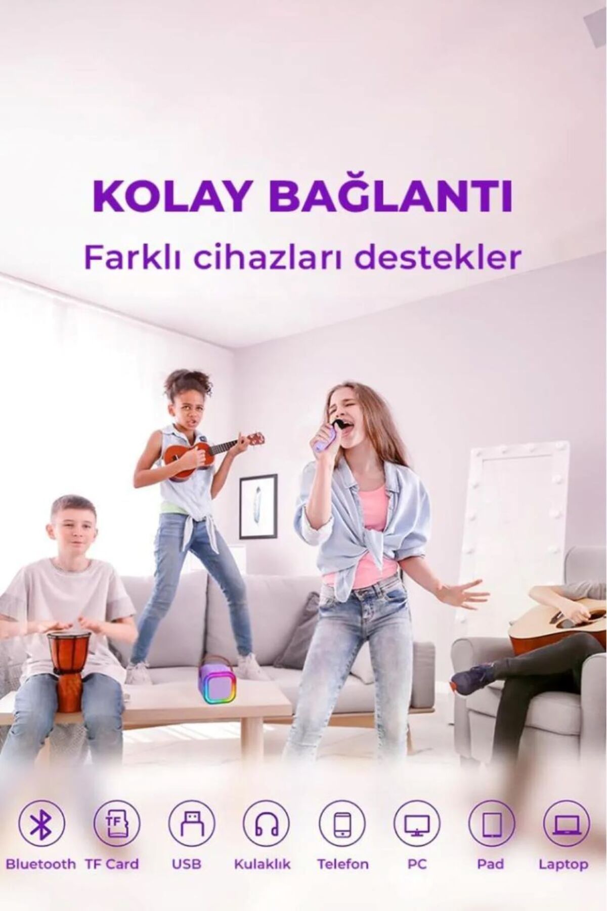 Kensa Rgb Işıklı Kablosuz Mikrofonlu Taşınabilir Bluetooth Hoparlör Karaoke Müzik
