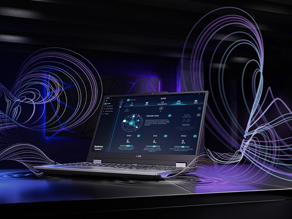 Lenovo LOQ 15IAX9 oyun dizüstü bilgisayarı – sağ ön görünüm, kapak açık, dışarıya doğru yayılan 3 boyutlu sesi gösteren dalgalı grafikler