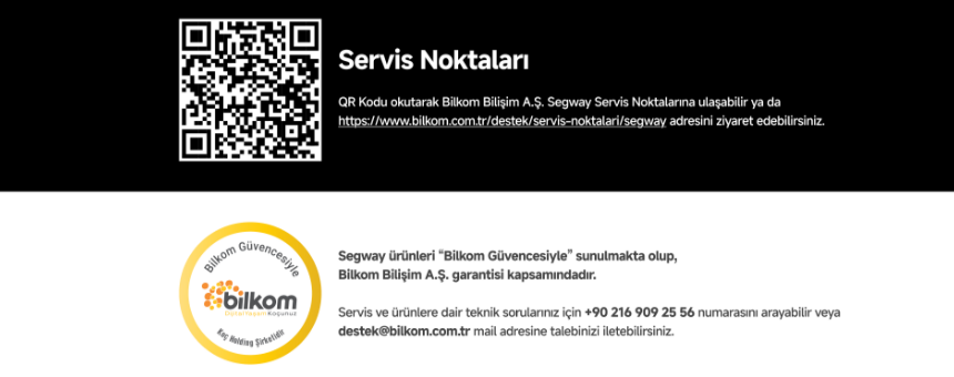 Bilkom servis bilgilerini içeren görselde, QR kod, logo, telefon numarası ve e-posta adresi yer almaktadır.