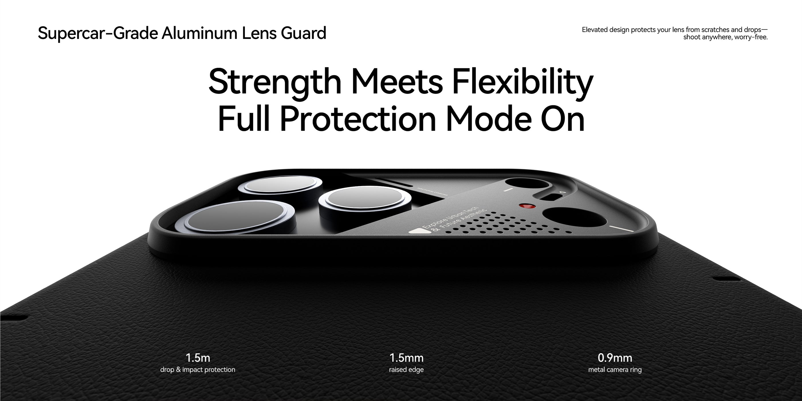 Close-up of AULUMU A17 aluminum lens guard on vegan leather back, Strength Meets Flexibility headline