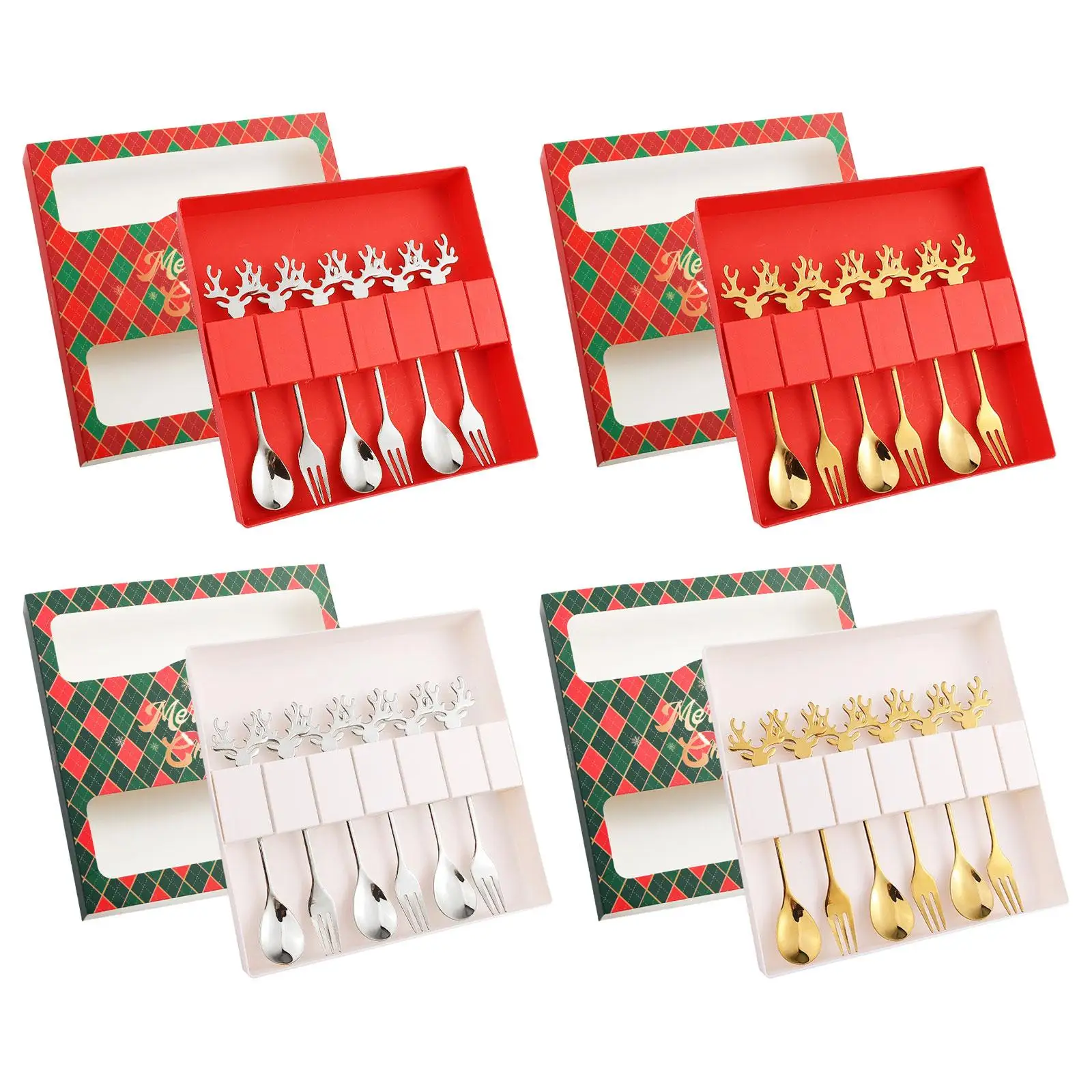 6 Parça Noel Kaşık Çatal Seti, Çatal Bıçak Takımı Tatlı Çatal ve Kaşık Çatal Bıçak Takımı, Paslanmaz Çelik Çay Partisi, Ev, Kek, Hediye için