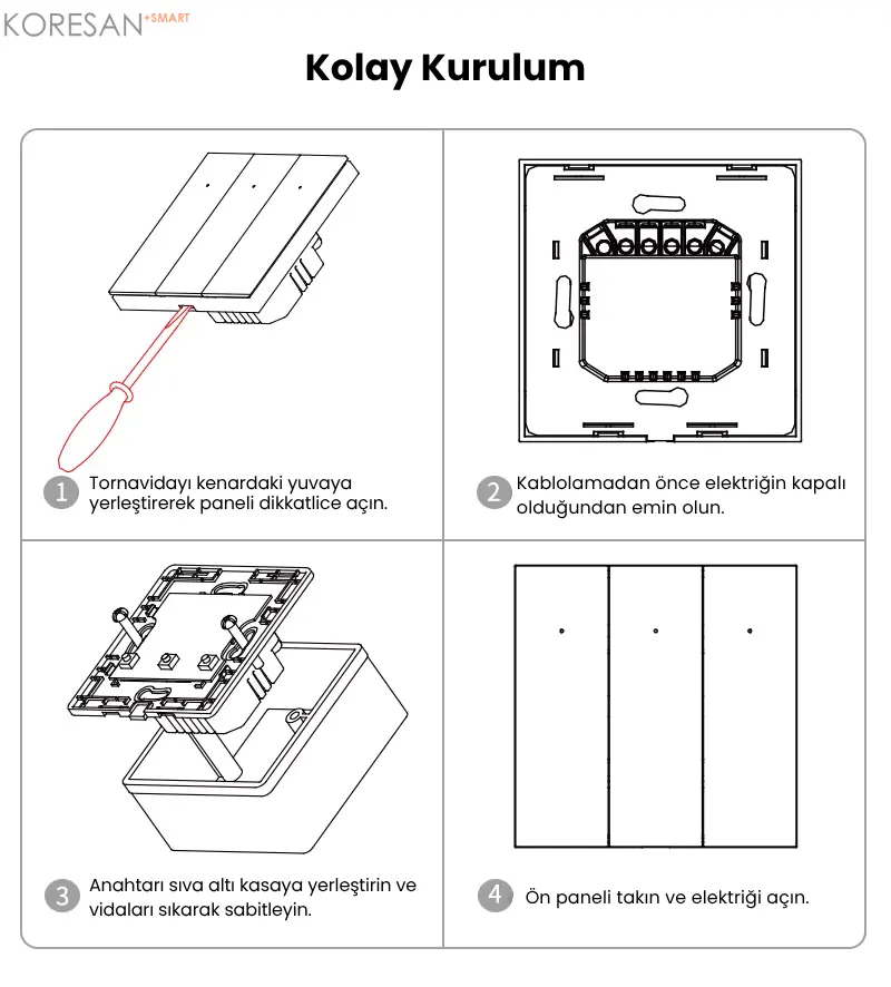 Tuya Zigbee Akıllı Duvar Anahtarı Siyah 1/2/3 Nötr Opsiyonel – KRSN Serisi kolay kurulum aşamaları