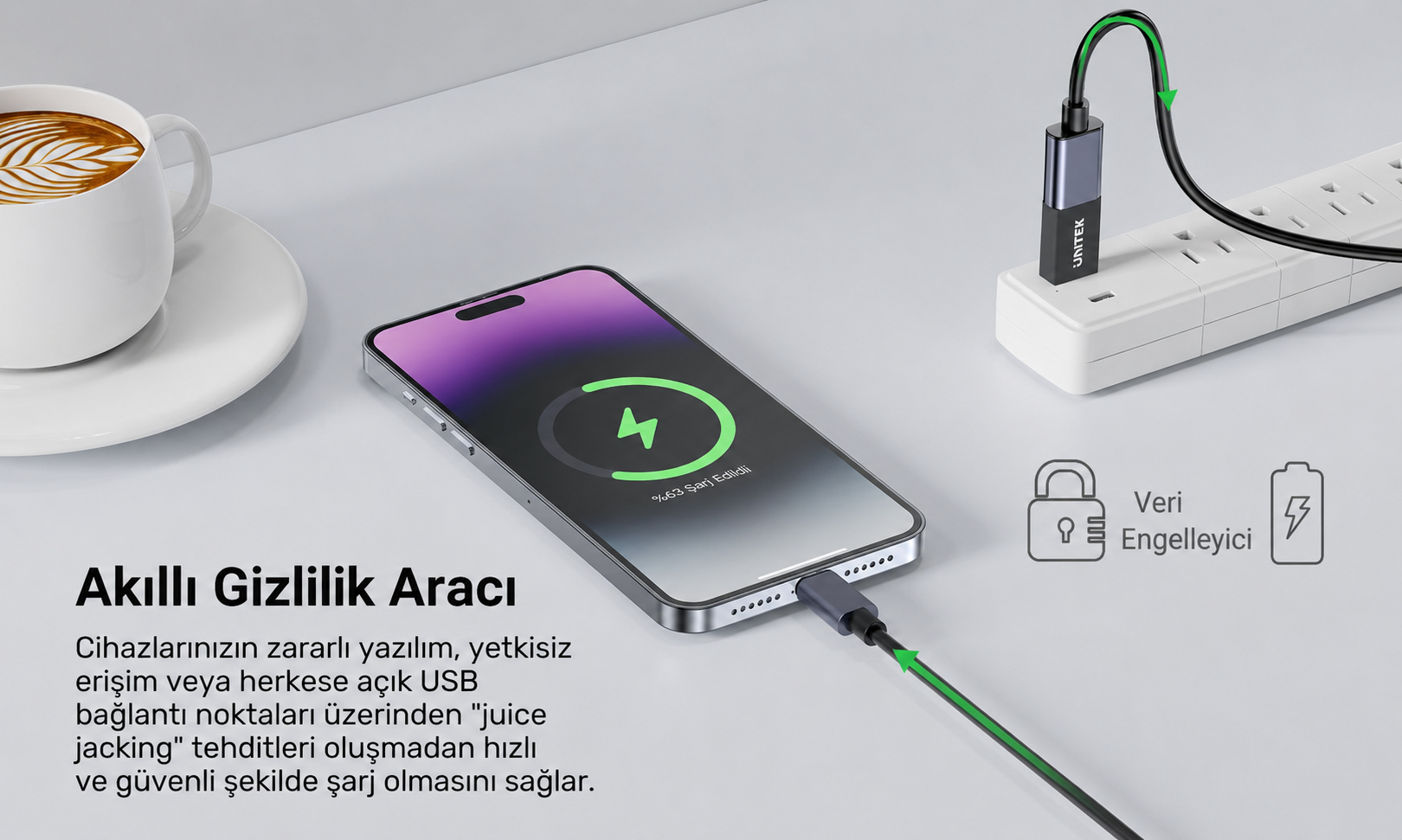 Unitek DataShield USB-A Veri Engelleyici Adaptör