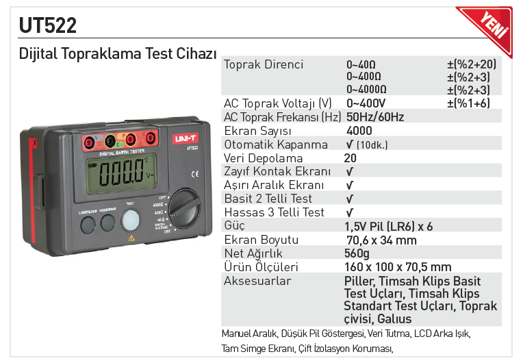 Unit Uni-T UT522 Dijital Topraklama Test Cihazı Fiyatı