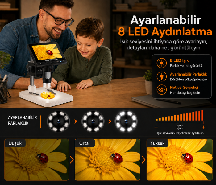 8 LED ışıklı mikroskop
