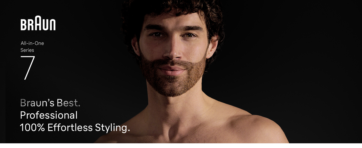 Bearded man smiling confidently after using the Braun Braun All-in-One Series 7.