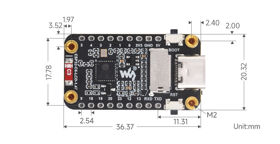 ESP32-C6 LCD 1.47 boyut ve mekanik çizim görseli