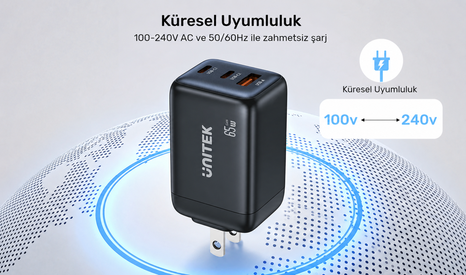 Unitek Zeno 65W 3 Portlu GaN Şarj Cihazı