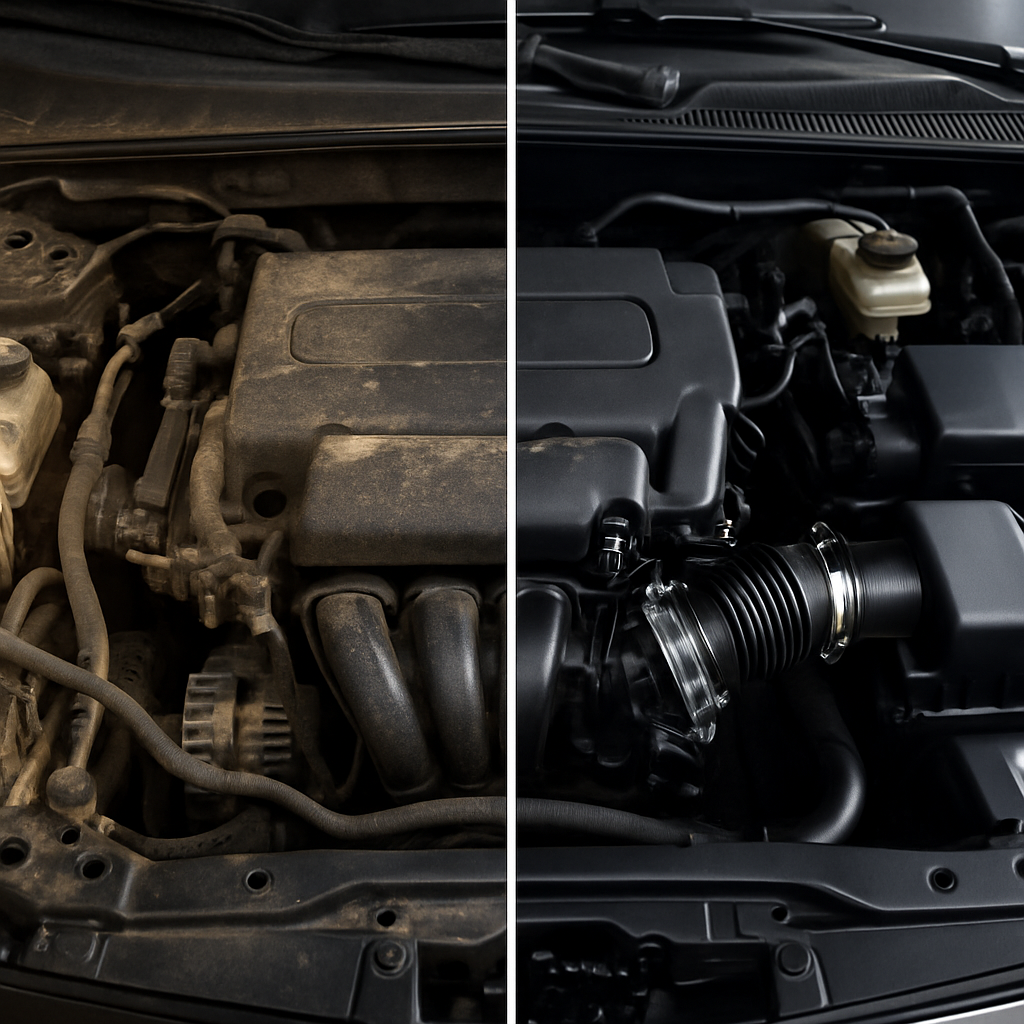 Altınoran Susuz Motor Temizleyici spreyin kirli bir motora uygulanışı
