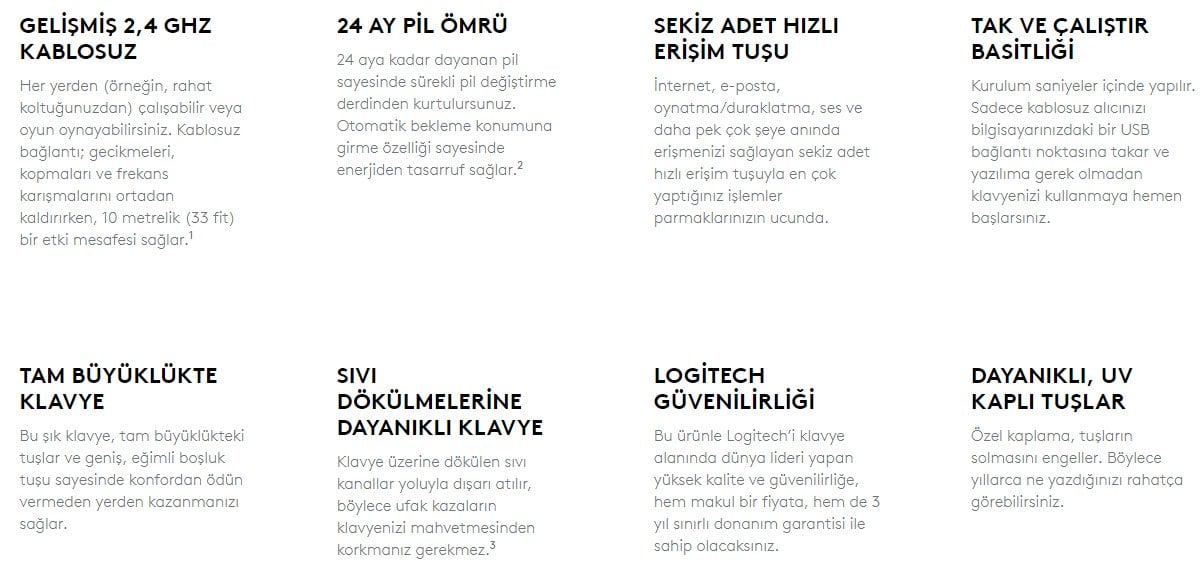 Logitech K270 Siyah Kablosuz Q Klavye Özellikler
