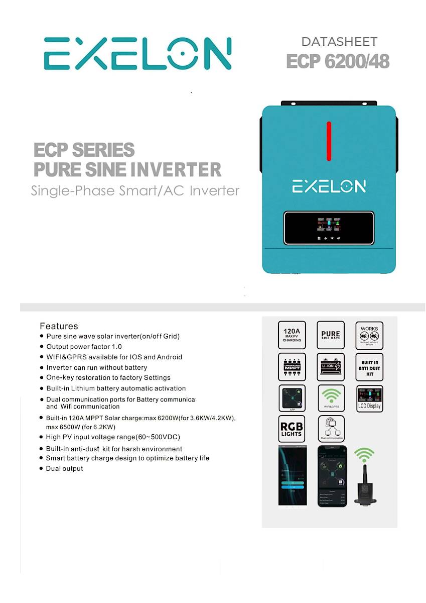 Exelon 48 V Volt 6200 W Watt 6.2 kW MPPT Akıllı İnverter 220 Volt Çevirici İnvertör