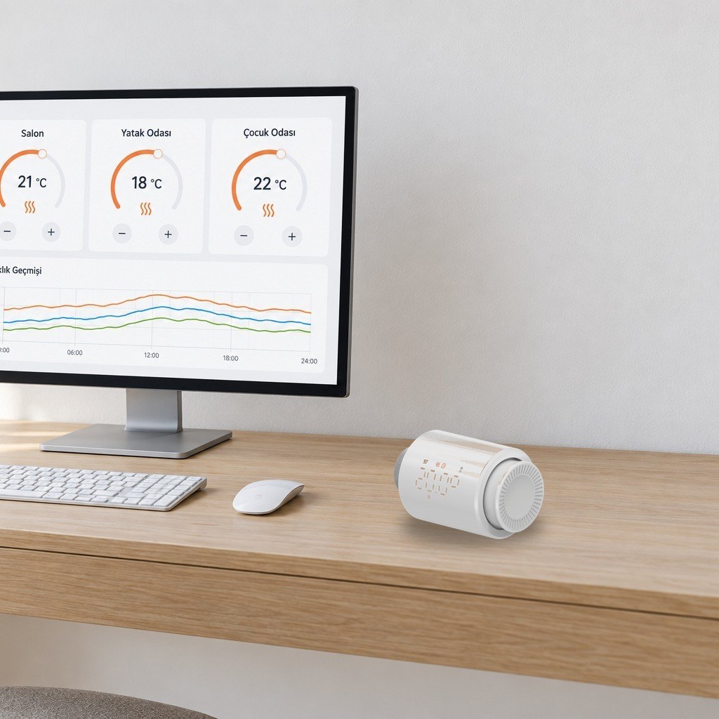 Home Assistant panelinde üç odanın termostat kartları, masada Zigbee radyatör vanası