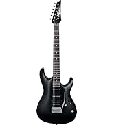 Katı gövde tasarımlı siyah elektro gitar, standart köprü, manyetikler, ve kontrol düğmeleri. Ibanez stiline benzer.