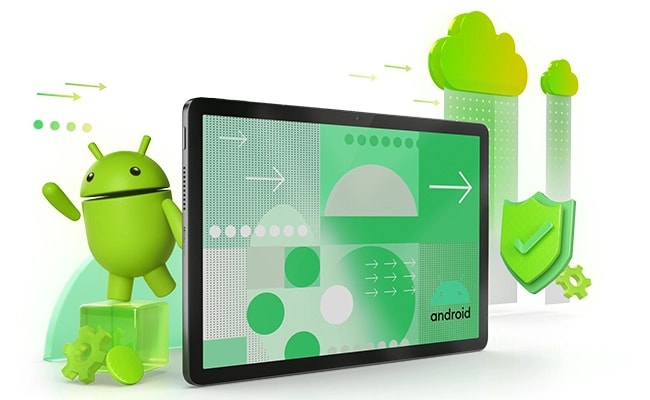 Lenovo Tab, 3D Android öğeleri, bulut simgeleri ve güvenliği simgeleyen yeşil bir kalkanla çevrili bir Android arayüzü sergiliyor.
