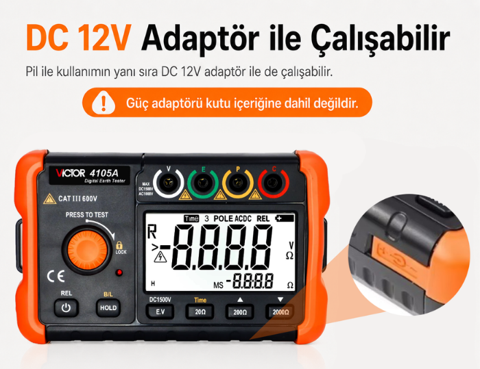 Victor 4105A harici 12 V DC adaptör bağlantısı
