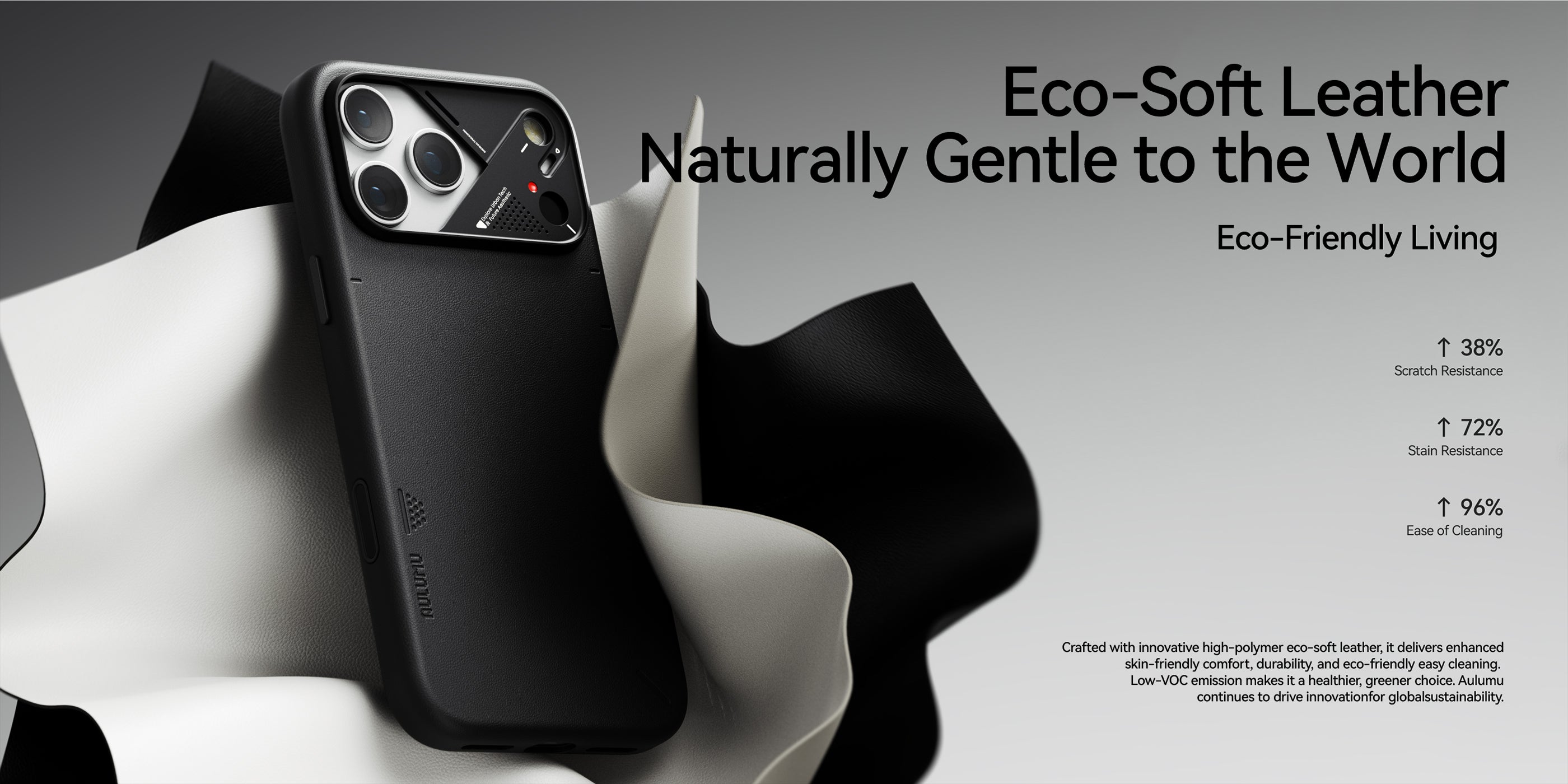 AULUMU A17 vegan leather case standing on flowing leather fabric, Eco-Soft Leather Naturally Gentle to the World