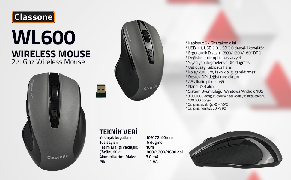Classone; Classone WL600 Kablosuz Mouse;Mouse;Wireless Mouse