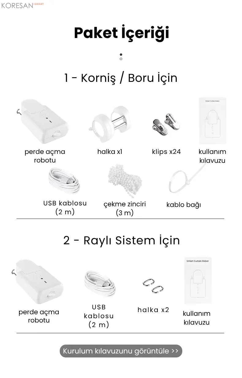KPM01 Tuya Bluetooth Akıllı Perde Motoru paket içeriği