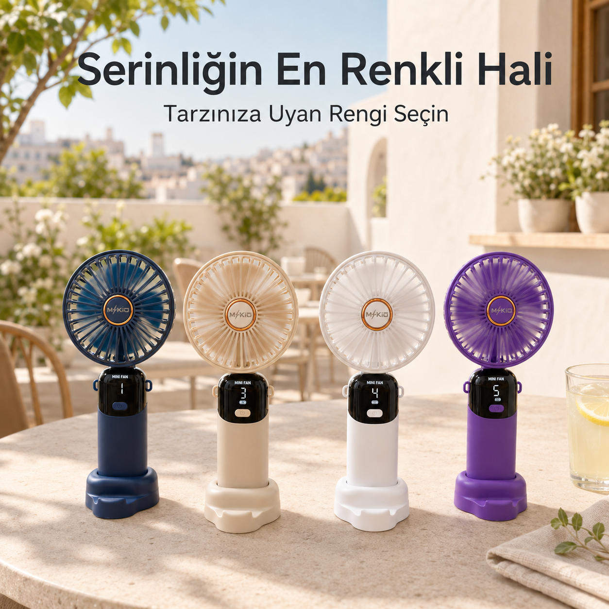 MKİO katlanabilir şarjlı el fanı dört renk seçeneği